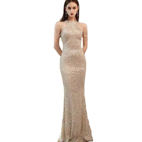 Women's New Style Tassel Sequin Fish Tail Slim Fit Long Evening Dress