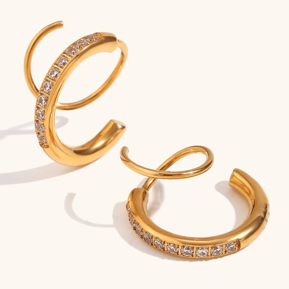 ERESI Dainty 18K Gold Plated Twisted Double Hoop Earring Hypoallergenic Waterproof Stainless Steel Zircon Earrings Jewelry Women