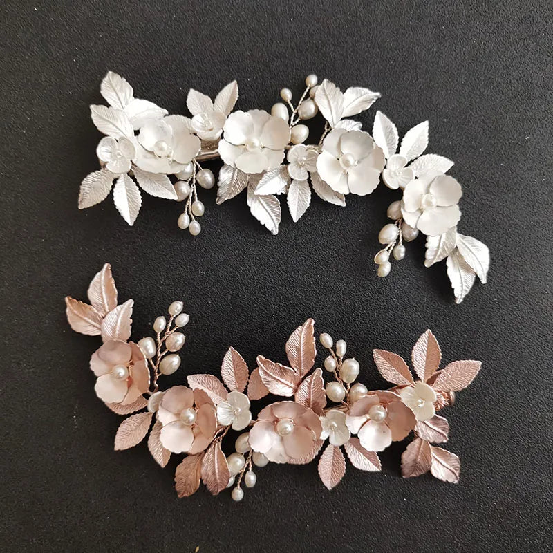 SLBRIDAL Handmade Alloy Ceramic Flower Leaf Freshwater Pearls Wedding Hair Clip Barrettes Bridal Headpieces Hair Accessories
