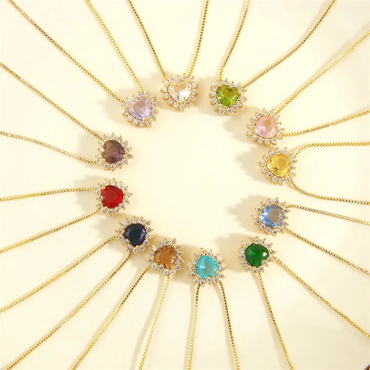 NZ1474 Dainty Minimalist Chic 18k Gold Rainbow CZ Crystal Birstone Solitaire Love Heart Charm Chain Necklace