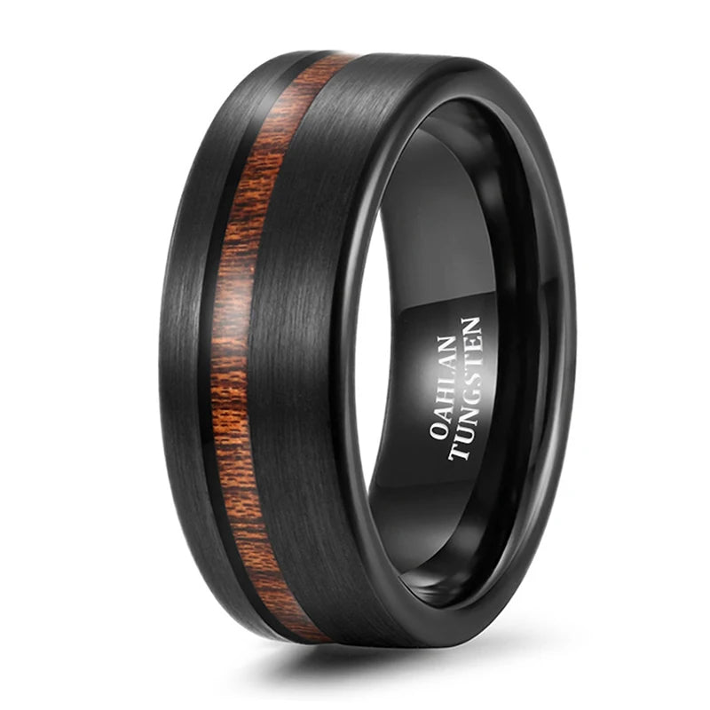 OAHLAN Fashion Jewelry 8mm Brushed Wood Inlay Black Comfort Fit Tungsten Carbide Rings for Wedding Engagement Ring Men Women