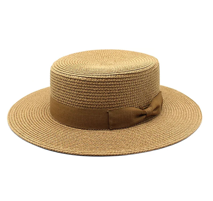 2026 New Summer Flat Top Boater Shape Women Lady Men Paper Sun Hat Ladies Straw Hats with Matching Ribbon Bow