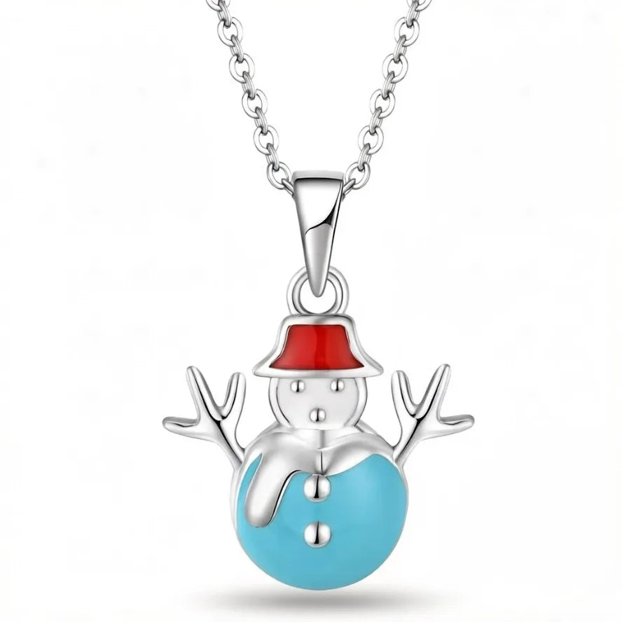 925 Sterling Silver Christmas Snowman Pendant Necklace Rhodium Plated Red and Blue Enamel Festive Winter Fine Jewelry for Kids