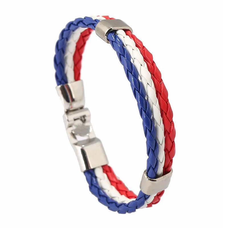 European and American Simple PU Country Nation Flag Color Bracelet Hand Woven Men's and Women's France Flag Wrap Bracelets