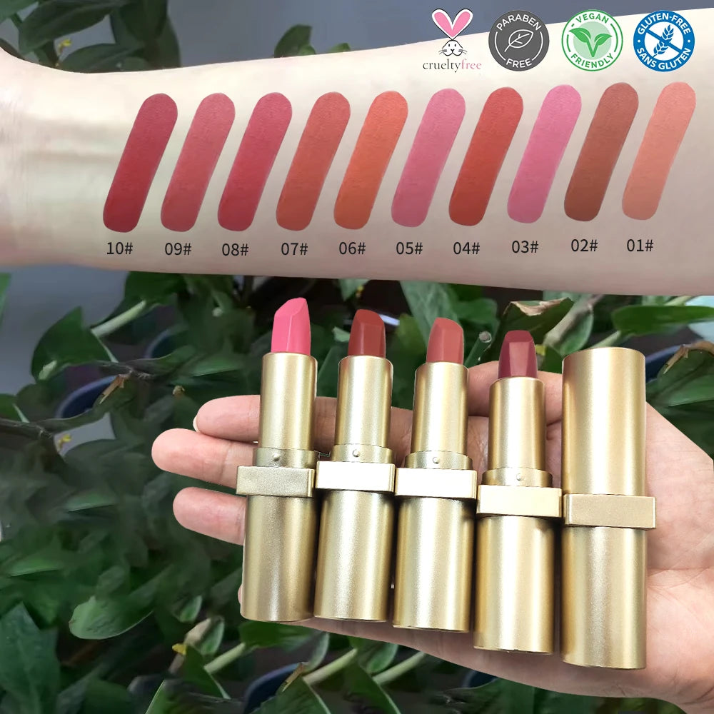 Custom Logo Natural 10-Color High Pigment Vegan Waterproof Matte Lipstick Private Label Nude Lipstick