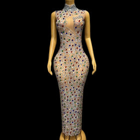 Vestido Elegant See Through Sleeveless Birthday Prom Long Dress Crystal Lady Night Formal Party Dress Women Evening Dresses