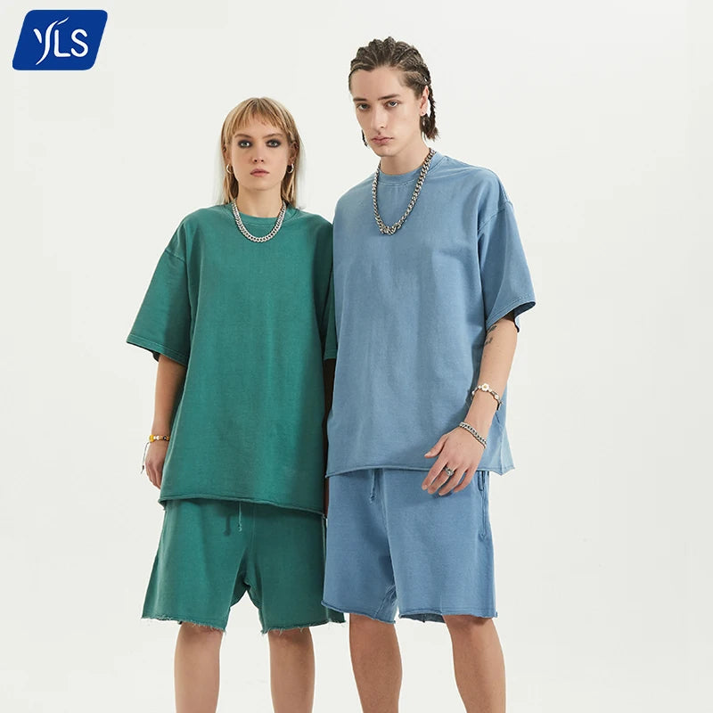 YLS Ready Ship Summer Workout Customized Printed 100% Cotton Breathable Short Sleeve T Shirt Shorts Men Washed 2 Piece Outfit