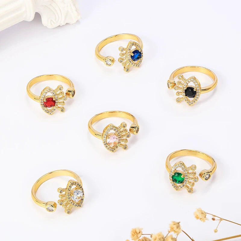 HOVANCI Gold Plated Rings Jewelry Women 18K Evil Eyes Crystal Fashion Finger Ring Open Custom Adjustable Evils Eye Ring