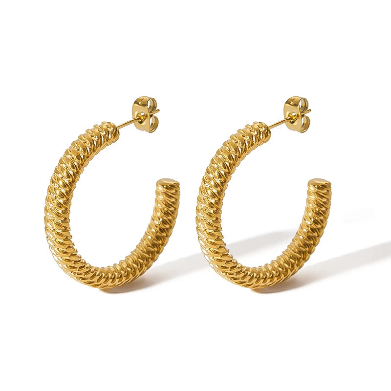 Solid Stainless Steel 18K PVD Plated Geometric Trendy Twisted Rope Wheat Hoop Earrings for Women's Daily Wear