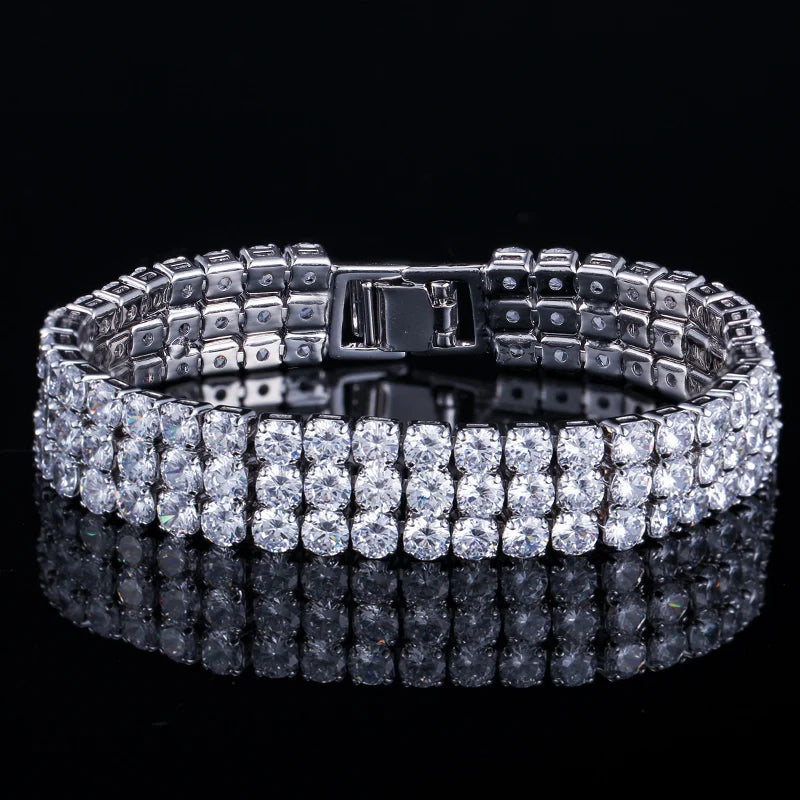 3 Row White Gold Plated Round Shiny Tennis Cubic Zirconia Stone Paved Luxury Big Wide Bridal Bracelets for Women Wedding Jewelry