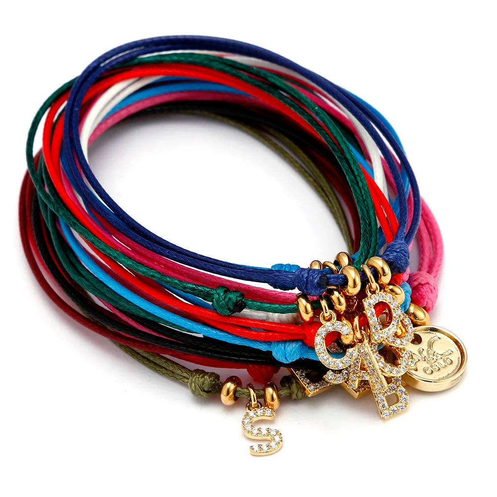 New Fashion Iced-out Alphabet Copper Letter Pendant Bracelet Lucky Colorful Wax Cord Rope Bracelet with CZ Charm