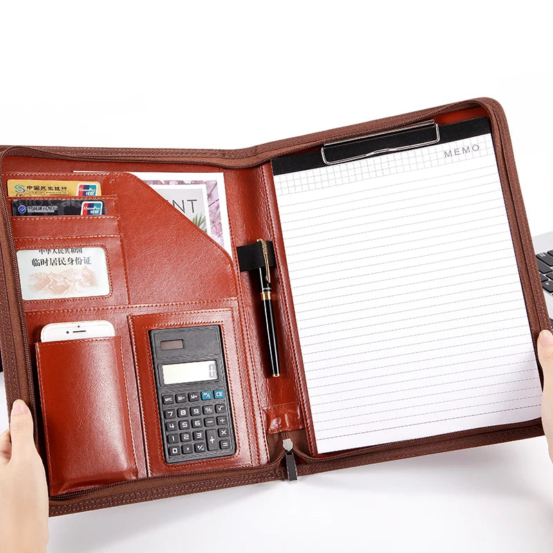 Luxury Leather Portfolio Folder Handmade Leather Accordion File Folders Faux Leather Presentation Folder with Zipper Calculator