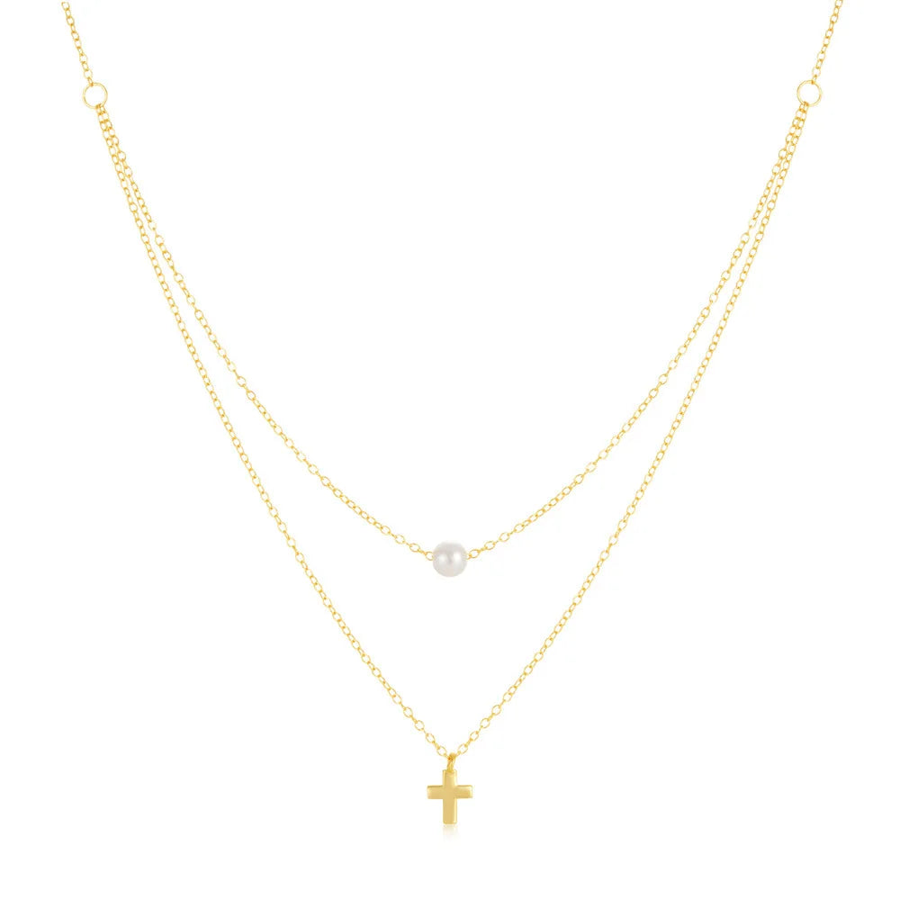925 Sterling Silver Double Layer Clavicle Chain Necklace Jewelry Women Gold Plated 925 Silver Cross and Pearl Pendant Necklace