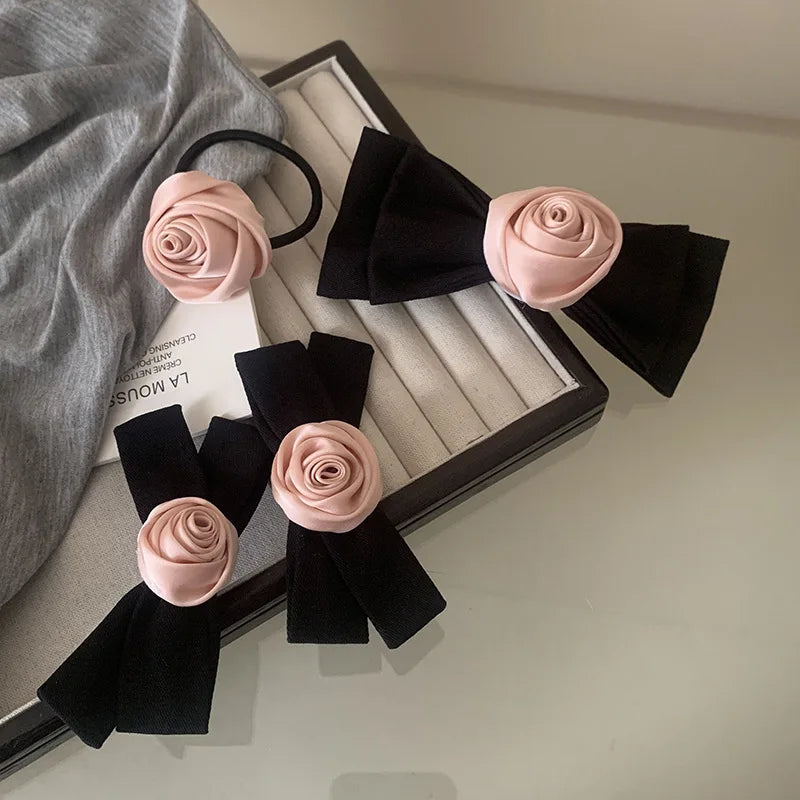 Girls Pink Flower Rose Bowknot Fabric Bobby Pin Black Bow Floral Hair Clip CELIAY