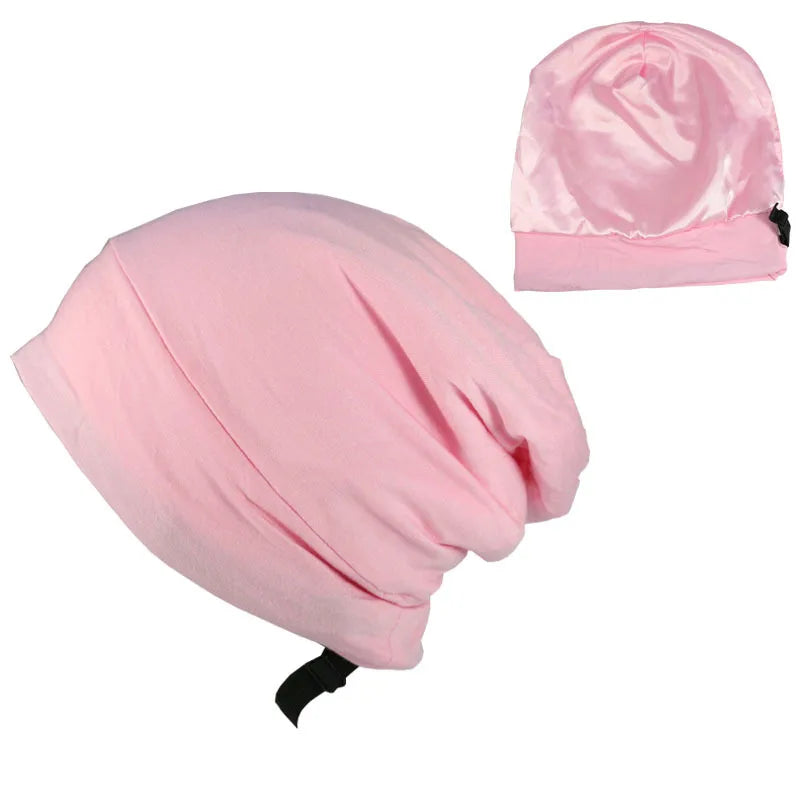 Low Moq Double Layer Stretch Cotton Bonnet With Satin Lining Adjustable Night Sleep Hats With String