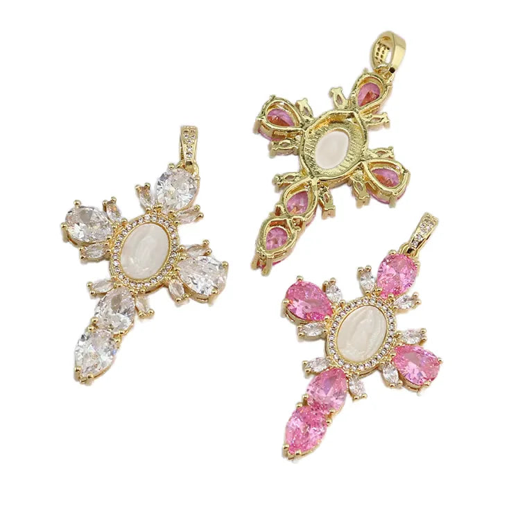 Fashion 18k Gold Plated CZ MOP White Shell Blessed Mother Virgin Mary Saint Halo Cross Pendants Religious Jewelry Supplies