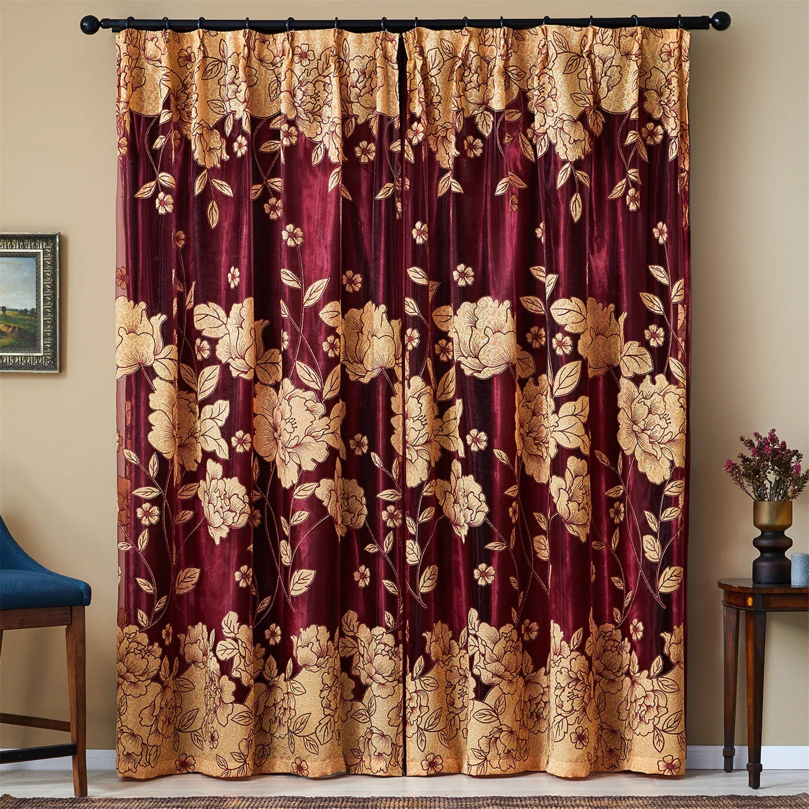 Wholesale Ready Made European Luxury Style Floral Rose Jacquard Curtains with Sheer