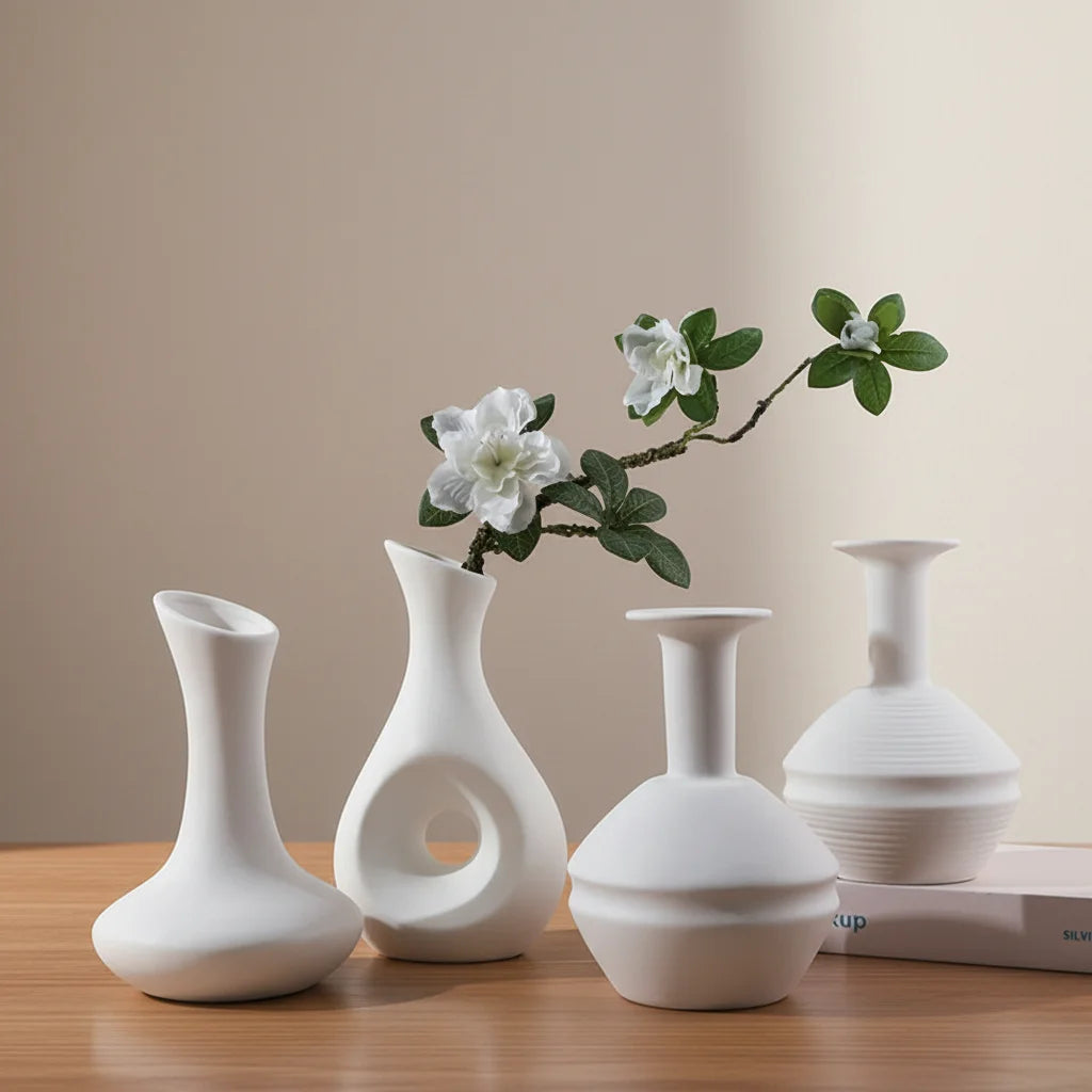 Modern Simple Bisque Plain Ceramic Bisque White Vase with Artificial Flower Creative Bud Vase for Desk and Wedding Decoration