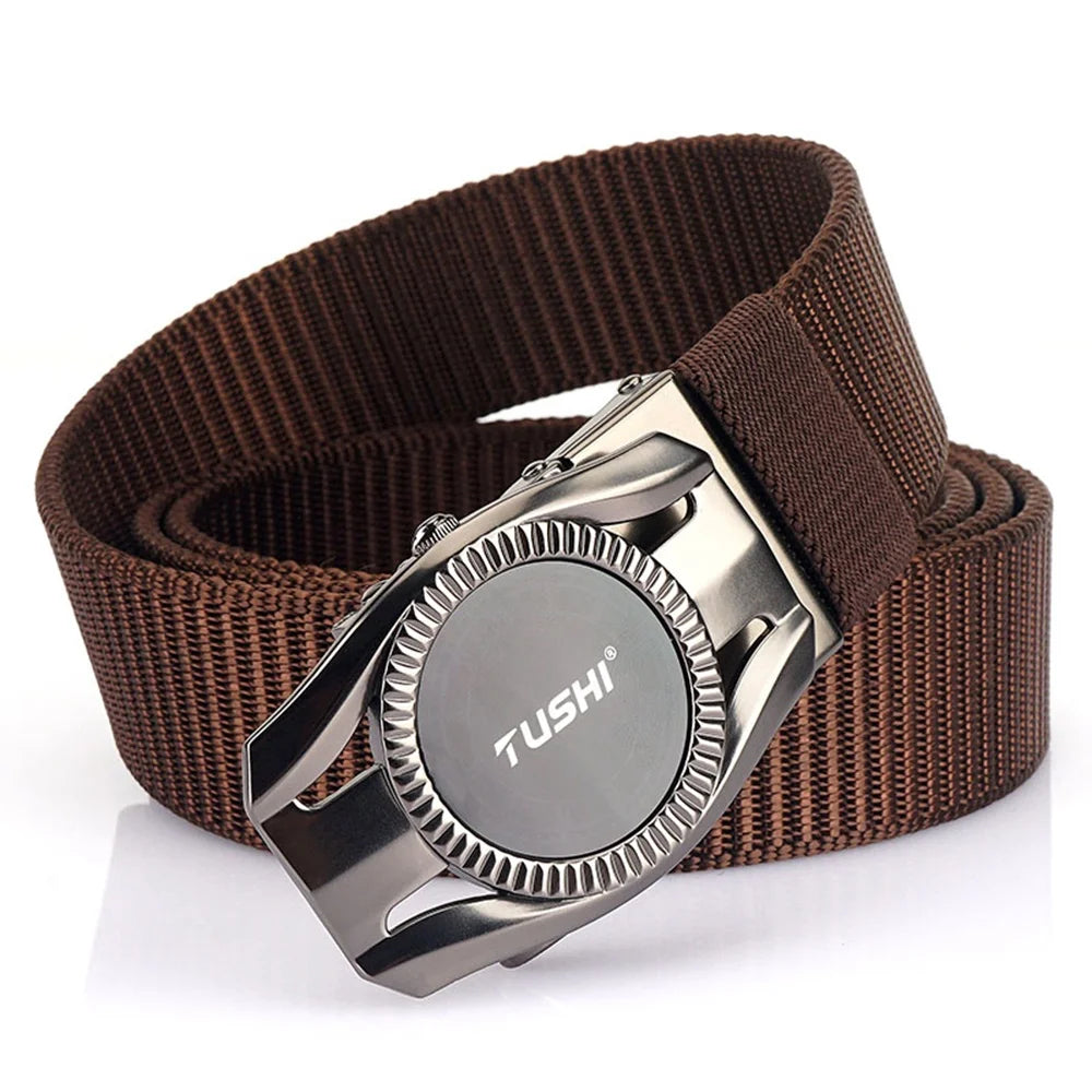 TUSHI New Luxury Men's Business Belt Automatic Split Metal Buckle Adjustable Nylon Ratchet 3.4CM Width 120CM Length Classics
