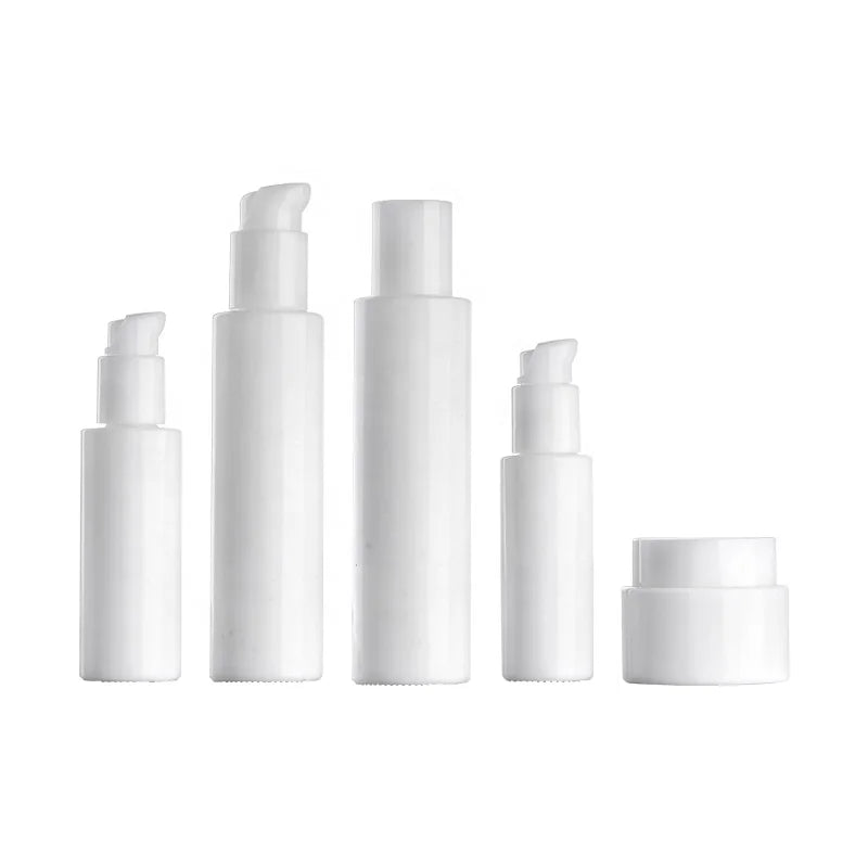 Flat Shoulder Opal Glass Bottle 30 ml 50 ml 100 ml 120 ml White Glass Serum Bottle with Lotion Pump Cosmetic Packaging