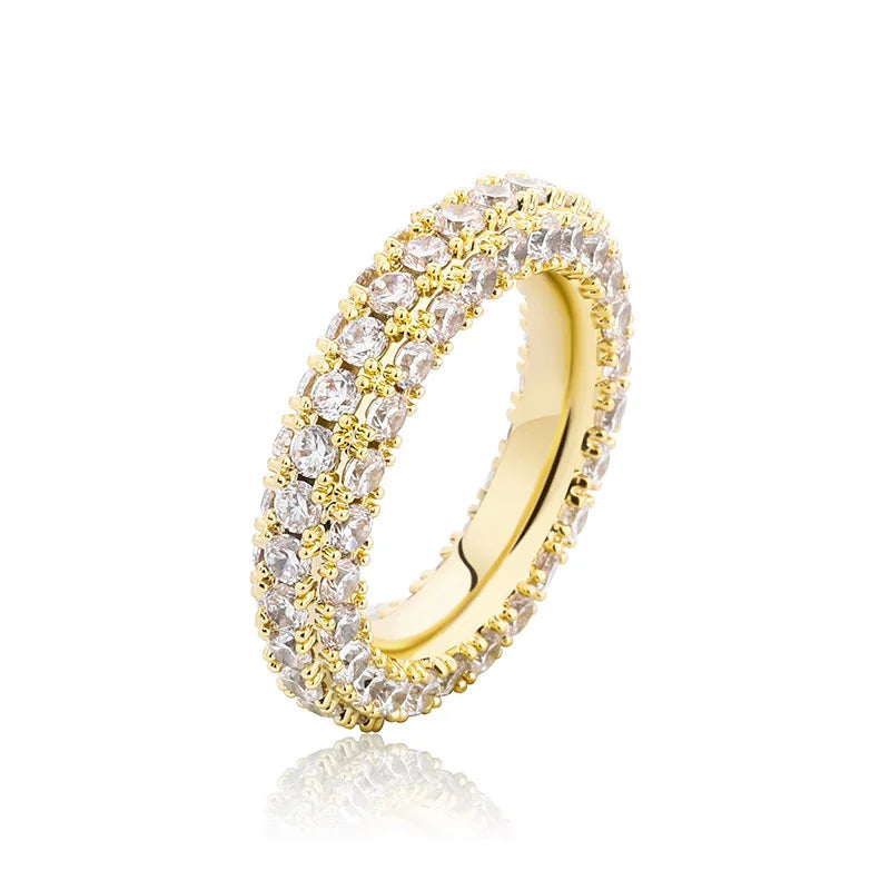 Duyizhao Ins Hot Selling Big Hip Hop Women Fashion Ring 3 Rows Micro Pave Zircon Rings Real Gold Plated Hiphip Rings