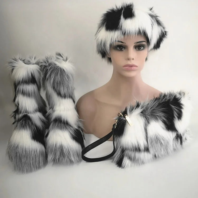 Women Real Faux Fluffy fox Fur Boots High Winter Warm Boots Casual Winter Shoes Matching Fur Purse and Fur Headband Sets