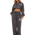 ZIP FRONT GRAPHIC NUMBER PRINT OVERSIZED CROPPED HOODIE  ACID WASH PANTS SET for WOMAN