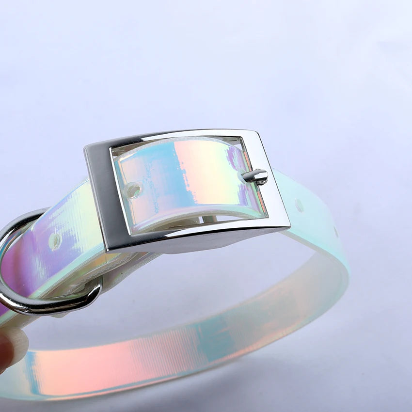Waterproof Collars Set Holographic Rainbow Pvc Dog Leash for Fashion Decoration and Adjustable
