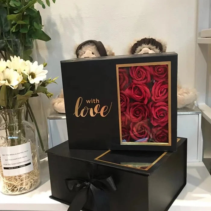 Chengruo Book-Shaped Love Paper Boxes Ribbon Transparent Window for Flower Gift Packaging Ready Ship Glossy Lamination Embossing