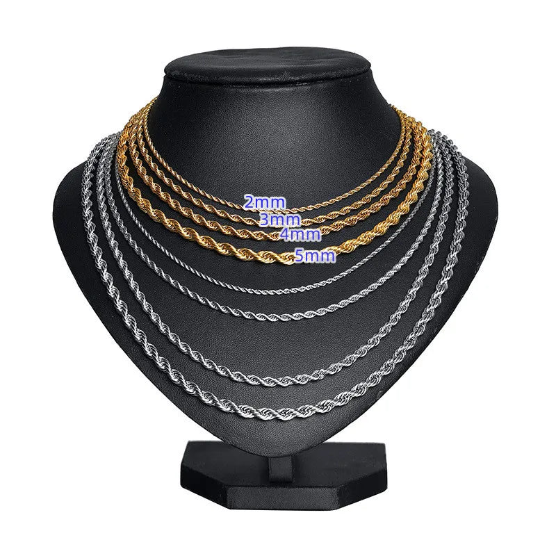 Wholesale 2 3 4 5 6mm Tarnish Free Stainless Steel Twisted Rope Chain Necklace 18k Gold Plated Rope Chain Necklace for Men Women