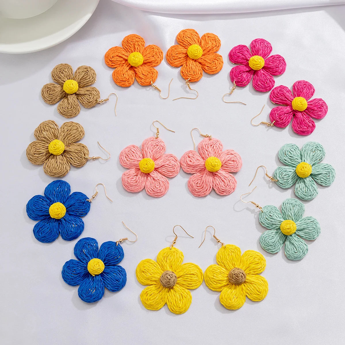 BOXUAN Bohemia Raffia Handmade Woven Spring Summer Pendant Earrings Gold Plated Women's Beach Flower Third Party Certified