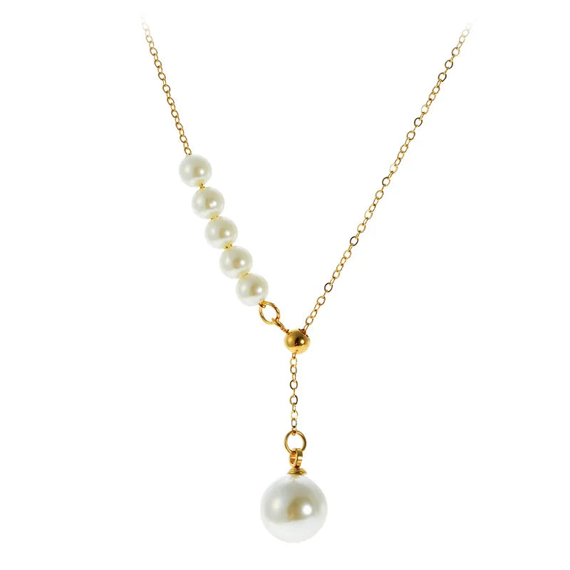 Trendy 18K Gold Plated Stainless Steel INS French Designer Y-Shaped Imitation Pearl Tassel Choker Necklace Link Anniversary
