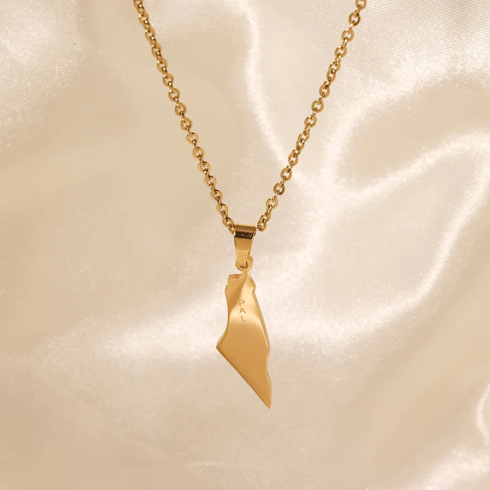 Waterproof Jewelry Israel Palestine Map Pendant Necklace Tarnish Free 18k Gold Plated Stainless Steel Chokers Necklace for Women