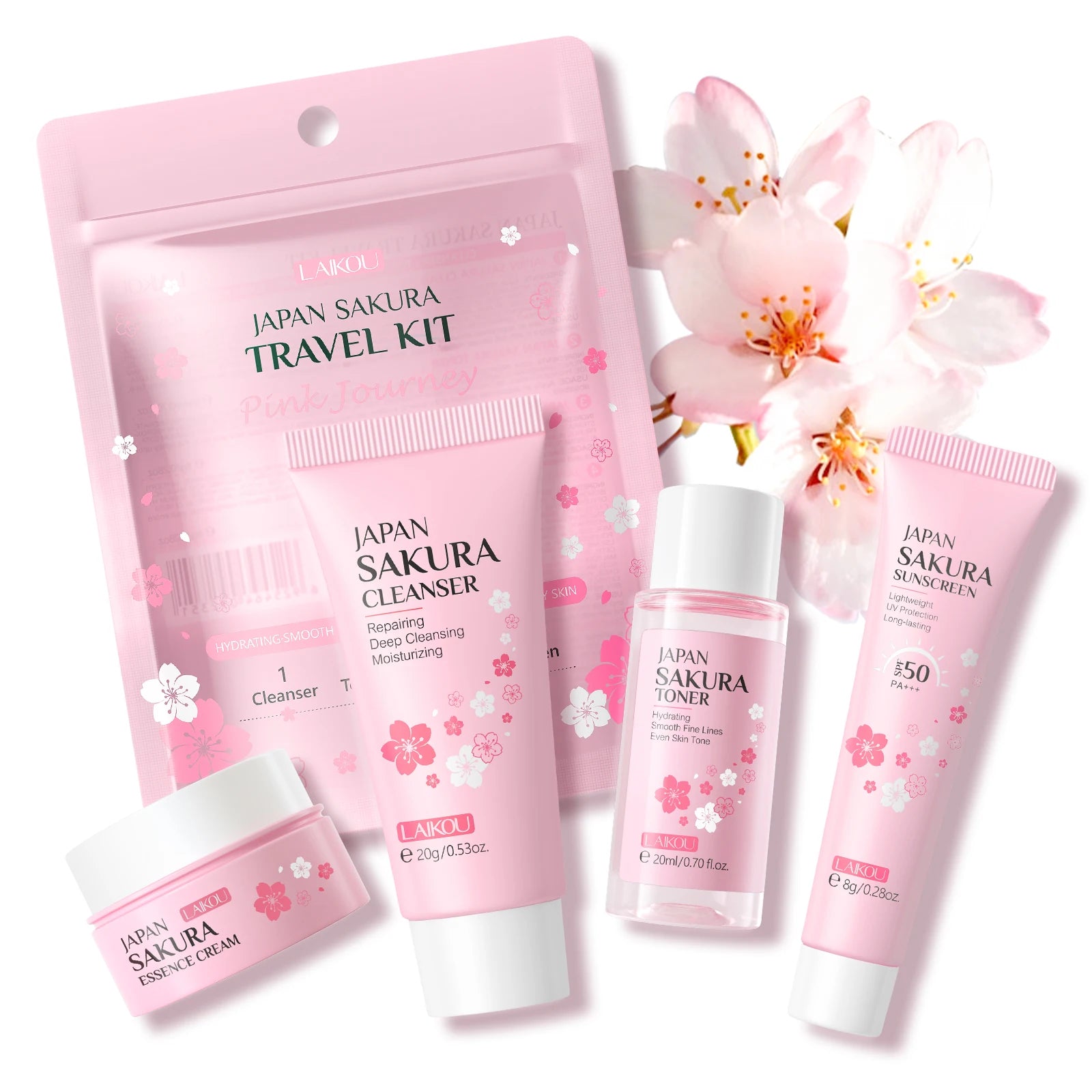 LAIKOU 4PCS Japan Sakura Travel Kit Cosmetics Wholesale Skin Care Set Skincare Collection Cleaner Toner Face Cream Sunscreen