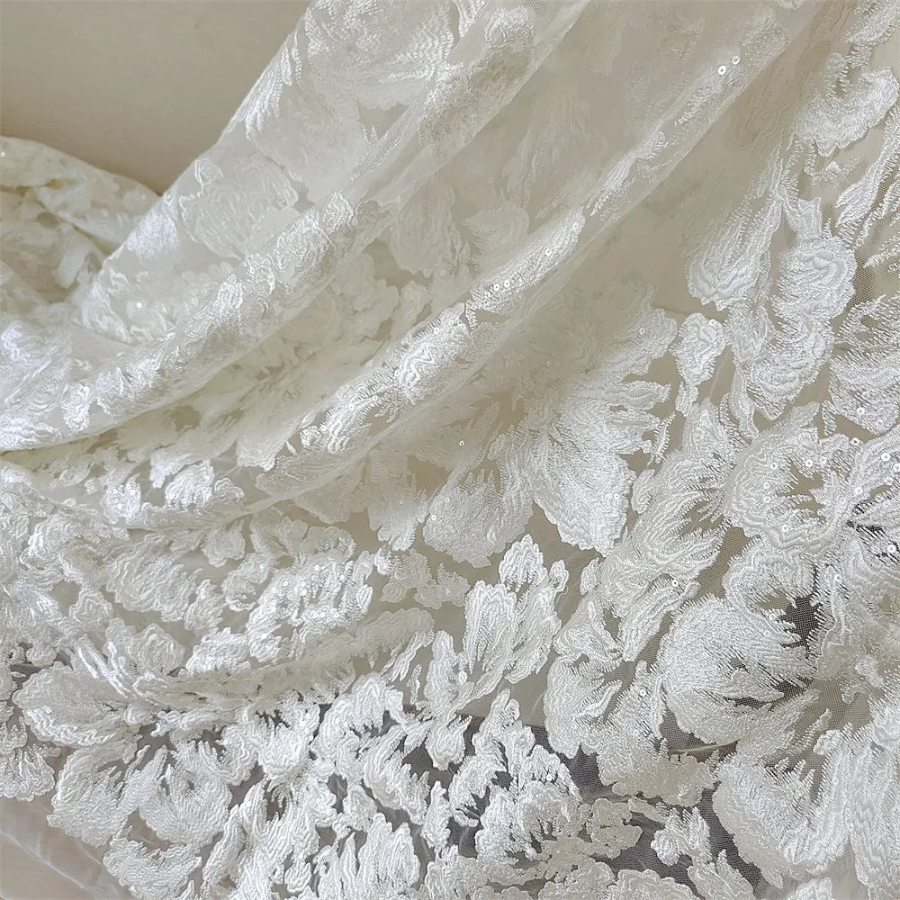 New for 100% Polyester Mesh Tulle Lace Embroidery Wedding Dress Fabric Handmade Elegant 130CM Width