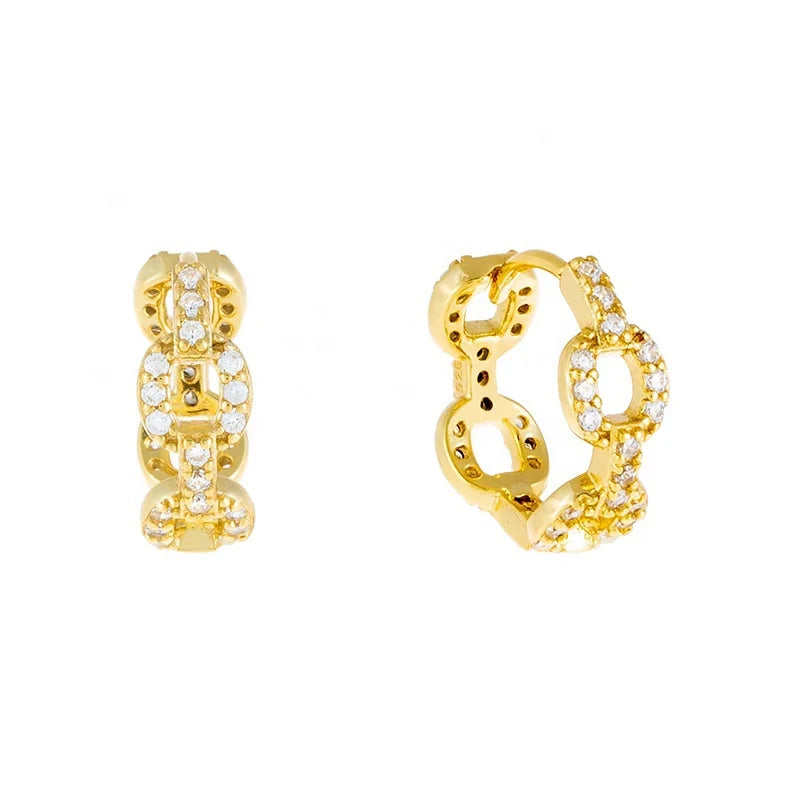 LOZRUNVE 925 Sterling Silver Gold Full Pave Diamond CZ Link Shape Huggie Hoop Earring Women