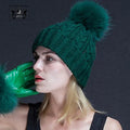 Custom Logo Winter Removable Fur Pom Knitted Braid Beanie Thick Women Real Racoon Fur Ball Jacquard Beanie Hat
