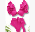 2026 Hot Selling Deep V Neck Swimsuits Bikini Two Piece Swimwear Ruffled High Waisted Bikini Set
