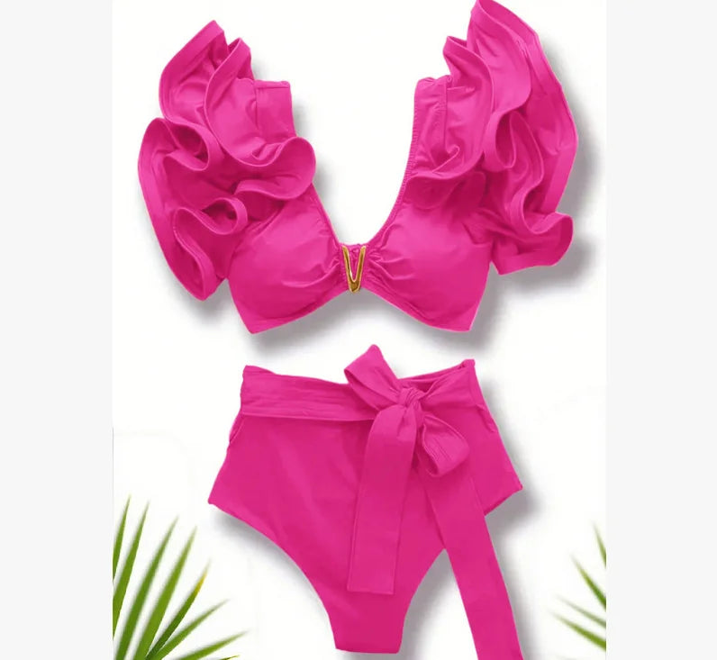 2026 Hot Selling Deep V Neck Swimsuits Bikini Two Piece Swimwear Ruffled High Waisted Bikini Set