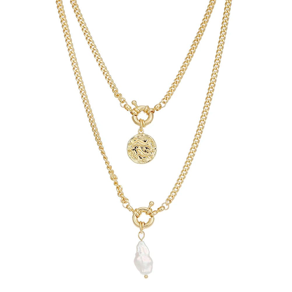 Fashion Cadenas Para Mujer Handmade Jewelry Laminated Gold Color Double Layer Baroque Pearls Chain Pendant Necklace Jewelry