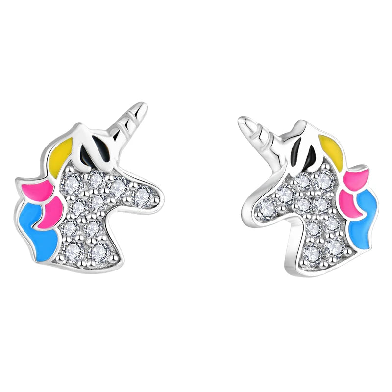 925 Sterling Silver Rhodium Plated Unicorn Animal Stud Earrings Custom Hypoallergenic Enamel for Girls Anniversary Gift