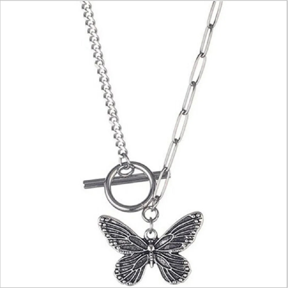 Fashion Iron Alloy Hip Hop Necklace Jewelry butterfly Pendants Charm Women Sweater Chain Necklace Bracelet Jewellery Set