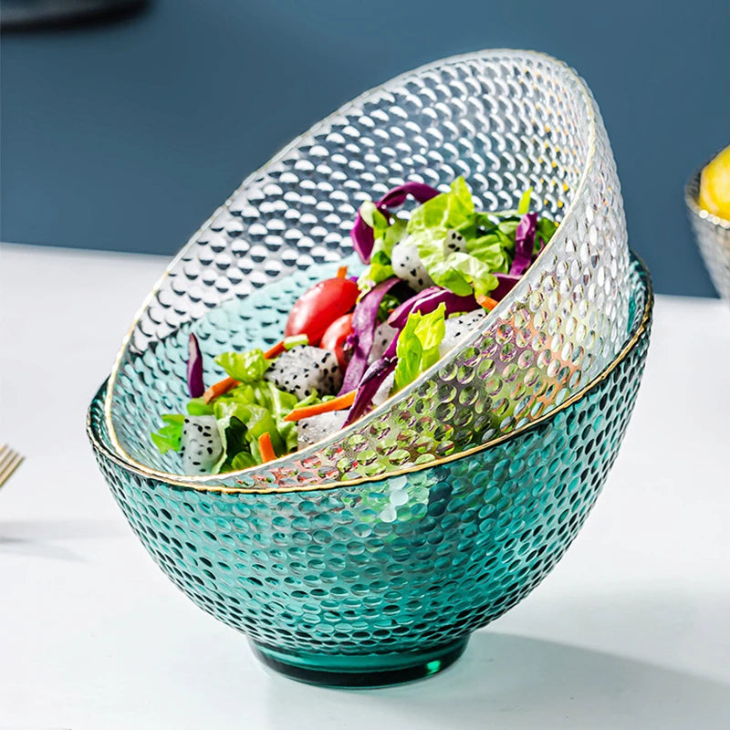 Hot Sale New Design Multi-Functional Hanmmered Pattern Glass Salad Bowl Slant Shape Colored Glass Bowl With Gold Rim