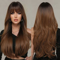 Factory Fast Delivery Synthetic Ombre Black to Brown Wigs Natural Blond Wavy Hair Wig for Women Orange-brown Wigs with Bangs