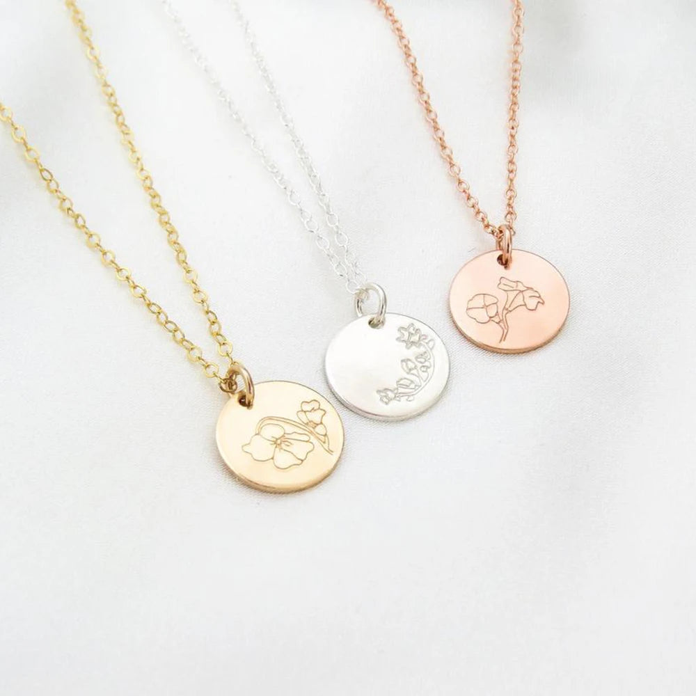 Custom Engraved 12-Month Birthflower Pendant Disc Dainty Gold-Plated Link Chain Necklace for Women Girls Personalized Jewelry