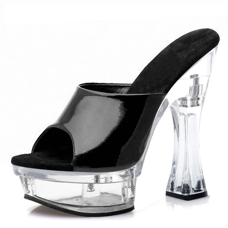 Nianzheni Exotic 14cm Crystal Transparent Thick Heel Platform High-heeled slippers 5 Inch Demonias Exotic Dancewear Shoes