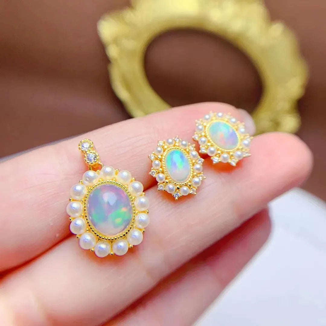 New Design 925 Sterling Silver Oval Cut Natural Opal Pearl Necklace and Earrings Sets Jewelry Sets for Women