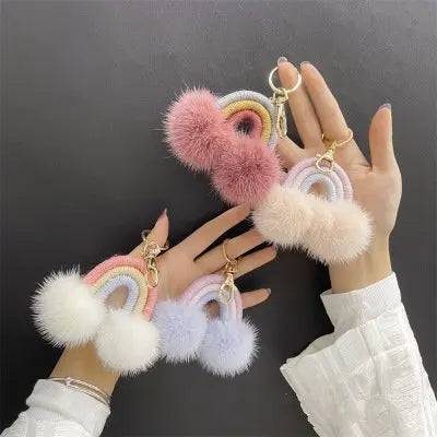 2023 New rainbow Macrame Braided Bag Pendant Faux Mink Fur Soft Pom Pom Fluffy Keychain