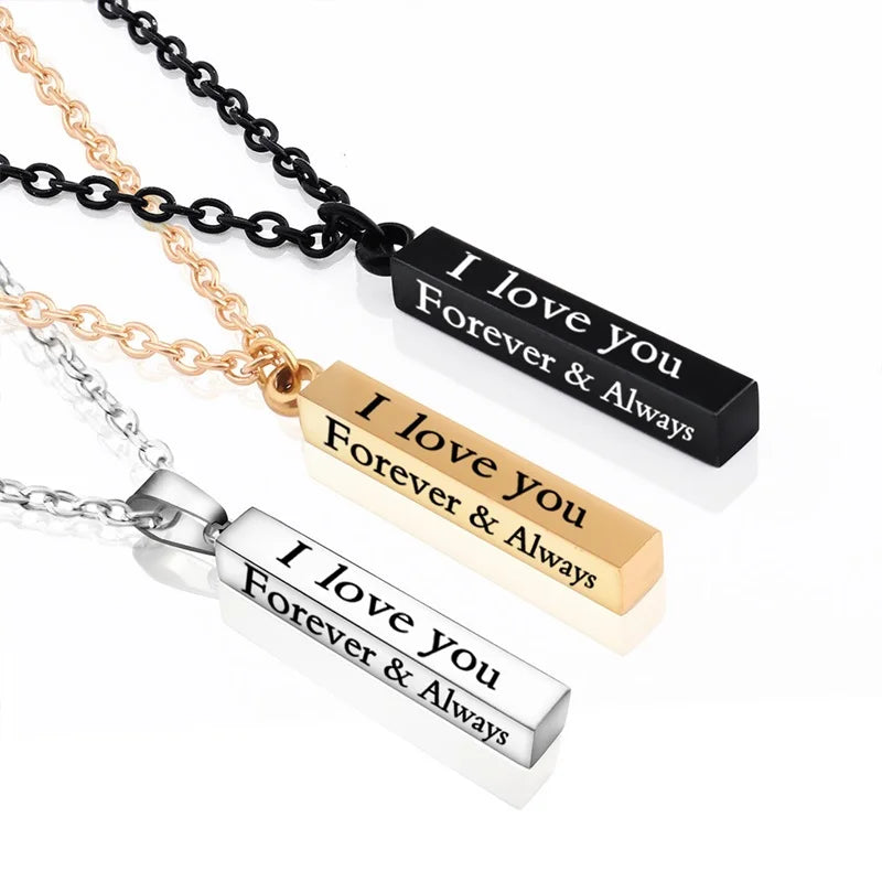 I LOVE YOU FOREVER ALWAYS Stainless Steel Bar Necklace Long Steel Wishing Column Couple Necklace for Valentine's Day