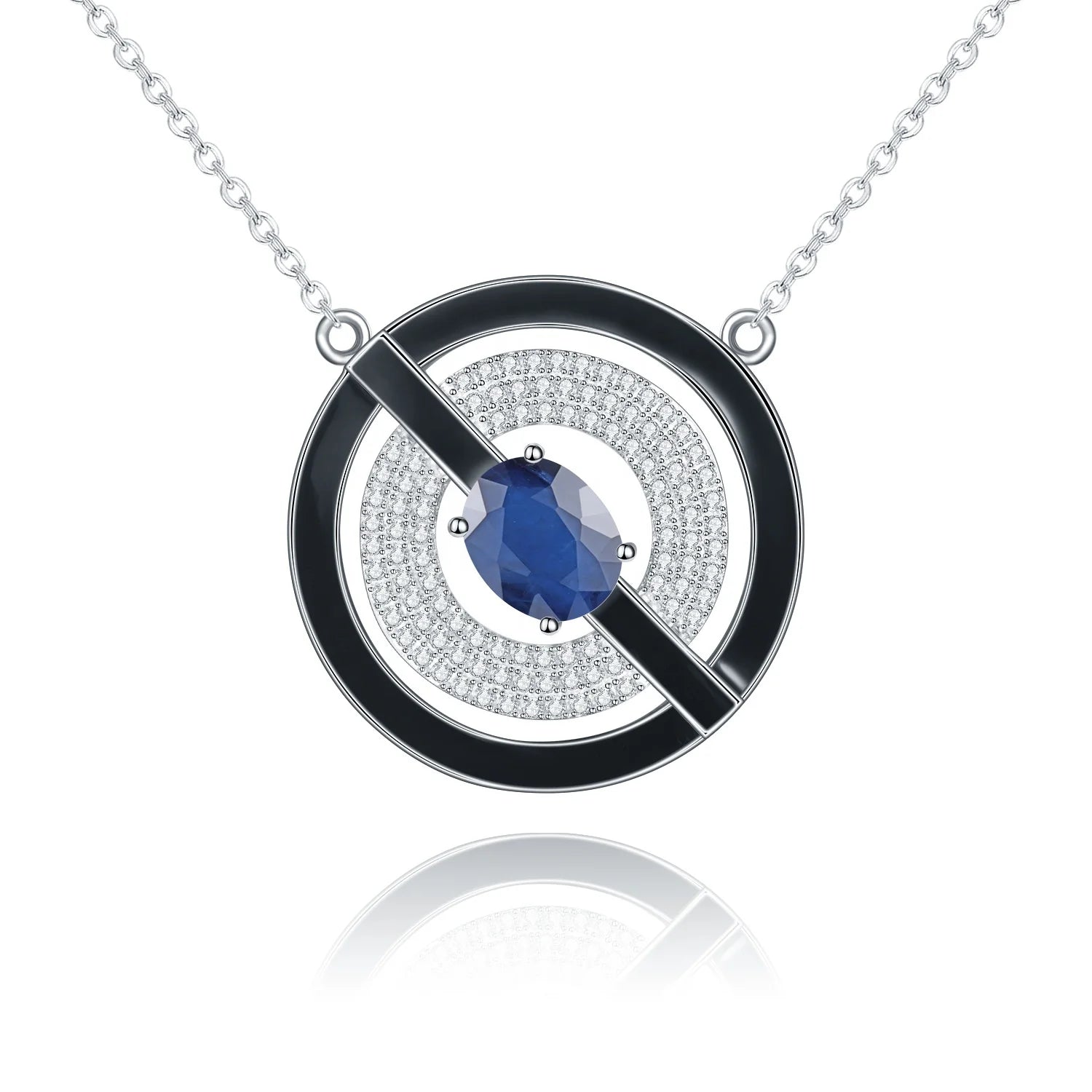 Abiding Special Design Geometric Circle Round Disc Blue Diffusion Sapphire Topaz Red Agate Gems Forbidden Sign Charm Necklace
